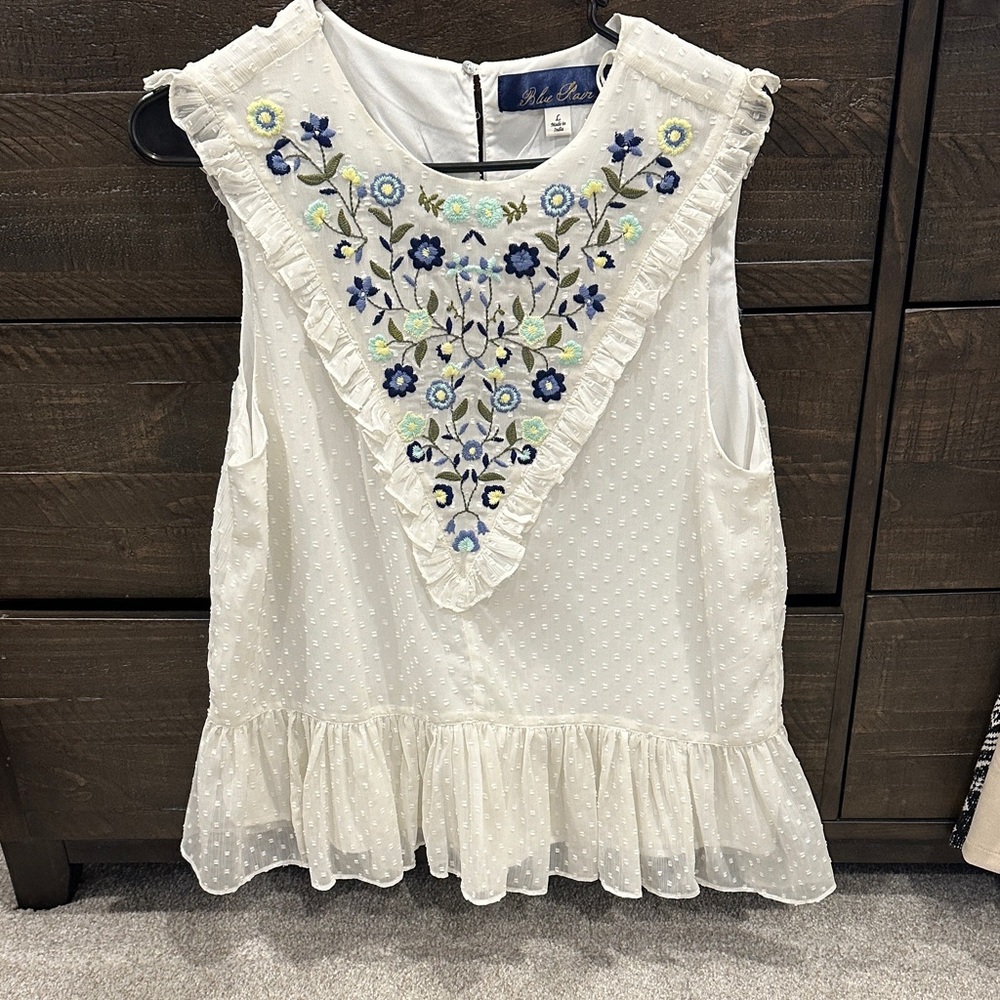 Blue Rain Floral Embroidered White Blouse